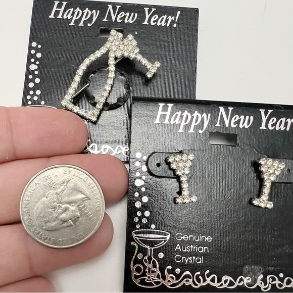 Vtg Clear Austrian Crystal Martini Glasses Champagne Bottle Pin & Earrings Set - Picture 2 of 4